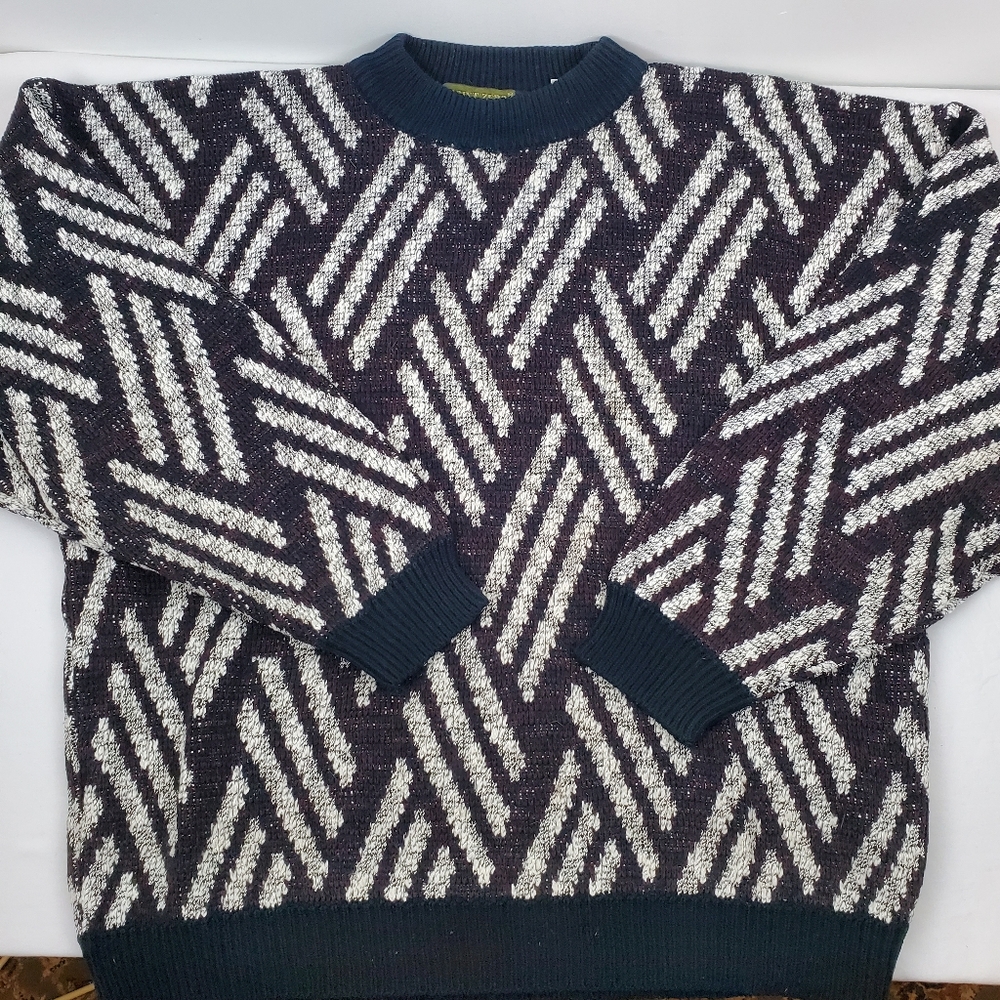 Vintage 80s Point Zero Geometric Slash Fisherman's Sweater Crewneck Boxy L Mens